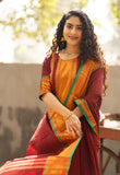 Vibrant Chettinad pattu cotton suit set in golden and maroon , with traditional Zari borders and a classic woven dupatta-GARI001CRKS