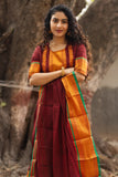 Vibrant Chettinad pattu cotton suit set in golden and maroon , with traditional Zari borders and a classic woven dupatta-GARI001CRKS