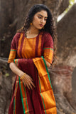 Vibrant Chettinad pattu cotton suit set in golden and maroon , with traditional Zari borders and a classic woven dupatta-GARI001CRKS