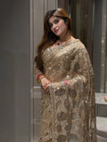 Goldie , New celebrity trending saree in  golden  beads and sequins work Golden Net fabric -SATYA001GS