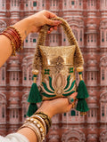 Maharani Lotus Clutch with Green Tassels for women -FASH001LCC