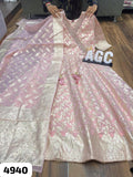 Pink Banarsi jacquard gown with self weaving  angrakha pattern Banarsi jacquard dupatta with self weaving-SOC001PBG