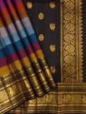 Rainbow Beauty ,  Kanchipuram silk saree with a striking plain black base, elevated by  rainbow weaving body-SACHI001RB