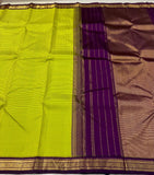Radhika , Parrot Green Checked Pattern  Kanjivaram Silk Saree with Purple Borders and Pallu -PRS001CKS