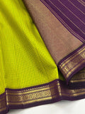 Radhika , Parrot Green Checked Pattern  Kanjivaram Silk Saree with Purple Borders and Pallu -PRS001CKS