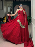 Navratri 2026 , Red Satin Chiffon lehenga in  Bandhej Print, Rich Zari Weaving and delicate Mirror Lace -SOC001RL