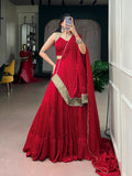 Navratri 2026 , Red Satin Chiffon lehenga in  Bandhej Print, Rich Zari Weaving and delicate Mirror Lace -SOC001RL