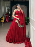 Navratri 2026 , Red Satin Chiffon lehenga in  Bandhej Print, Rich Zari Weaving and delicate Mirror Lace -SOC001RL