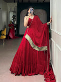 Navratri 2026 , Red Satin Chiffon lehenga in  Bandhej Print, Rich Zari Weaving and delicate Mirror Lace -SOC001RL