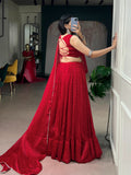 Navratri 2026 , Red Satin Chiffon lehenga in  Bandhej Print, Rich Zari Weaving and delicate Mirror Lace -SOC001RL