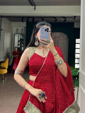 Navratri 2026 , Red Satin Chiffon lehenga in  Bandhej Print, Rich Zari Weaving and delicate Mirror Lace -SOC001RL