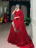 Navratri 2026 , Red Satin Chiffon lehenga in  Bandhej Print, Rich Zari Weaving and delicate Mirror Lace -SOC001RL