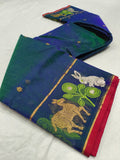 Bunny Love , Designer Blue Double shaded Katan silk saree with Bunny hand border -CHANDERI001KS