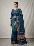 Bunny Love , Designer Blue Double shaded Katan silk saree with Bunny hand border -CHANDERI001KS