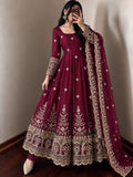 MAROON  DESIGNER  EMBROIDERY SEQUINS WORK ON SILK FABRIC GOWN PANT AND DUPATTA SET -AFREE001MK