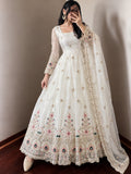 WHITE DESIGNER  EMBROIDERY SEQUINS WORK ON SILK FABRIC GOWN PANT AND DUPATTA SET -AFREE001WK