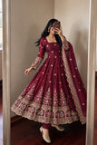 MAROON  DESIGNER  EMBROIDERY SEQUINS WORK ON SILK FABRIC GOWN PANT AND DUPATTA SET -AFREE001MK