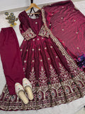 MAROON  DESIGNER  EMBROIDERY SEQUINS WORK ON SILK FABRIC GOWN PANT AND DUPATTA SET -AFREE001MK