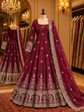 MAROON  DESIGNER  EMBROIDERY SEQUINS WORK ON SILK FABRIC GOWN PANT AND DUPATTA SET -AFREE001MK