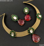 Shefali , Antique Gold Finish Red and Green Stone studded Designer Necklace Set for women -SIP001DN