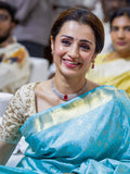Beautiful South Indian Celebrity Trisha Inspired Blue Kanjivaram Soft Silk Saree with Brocade Blouse -SRI001TS