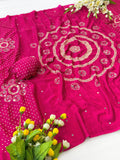 Exclusive fancy collection satin moss  saree with 2500 mirror all over Ajrakh -VIVA001FSB