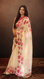Lotus Love Pure Soft tabby organza with digital print and Bungali work with cut work border -AURA001LS