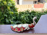 Pair of 2 , German Silver Peacocks  With Triple T-light candle stand with semi precious stone work on it -AKSH001PP