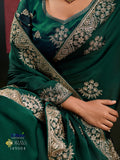 Green  Satin Chiffon Saree and Blouse with Thread work , Zarkan and  Zari Embroidery -SADHNA001G