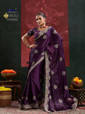 Purple Satin Chiffon Saree and Blouse with Thread work , Zarkan and Zari Embroidery -SADHNA001PR