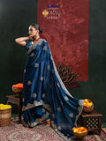 Peacock Blue Satin Chiffon Saree and Blouse with Thread work , Zarkan and Zari Embroidery -SADHNA001P