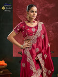 Pink Satin Chiffon Saree and Blouse with Thread work , Zarkan and Zari Embroidery -SADHNA001PK