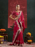 Pink Satin Chiffon Saree and Blouse with Thread work , Zarkan and Zari Embroidery -SADHNA001PK