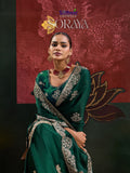 Green  Satin Chiffon Saree and Blouse with Thread work , Zarkan and  Zari Embroidery -SADHNA001G