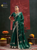 Green  Satin Chiffon Saree and Blouse with Thread work , Zarkan and  Zari Embroidery -SADHNA001G