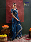 Peacock Blue Satin Chiffon Saree and Blouse with Thread work , Zarkan and Zari Embroidery -SADHNA001P