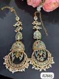 Noorjahan , elegant Gold Jewelry Finish Jumka studded with Pearls and Turquoise Blue Beads with Kanchain -JAYDU001BTJ