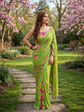 Parrot Green Faux Georgette Beads  & Real Mirror, Digital Print Work Saree -RAAL001GS