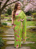 Parrot Green Faux Georgette Beads  & Real Mirror, Digital Print Work Saree -RAAL001GS