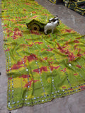 Parrot Green Faux Georgette Beads  & Real Mirror, Digital Print Work Saree -RAAL001GS
