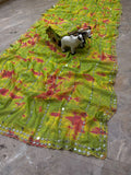 Parrot Green Faux Georgette Beads  & Real Mirror, Digital Print Work Saree -RAAL001GS