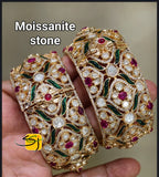 Chandra , Pair of 2 Gold Finish Openable Designer Moissonite and Minakari Broad Bangles for women -JAYDU001BB