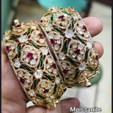 Chandra , Pair of 2 Gold Finish Openable Designer Moissonite and Minakari Broad Bangles for women -JAYDU001BB
