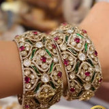 Chandra , Pair of 2 Gold Finish Openable Designer Moissonite and Minakari Broad Bangles for women -JAYDU001BB