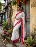 Elegance in Every Drape Celebrate the divine beauty of Durga Puja in timeless White Sari -AURA001WS