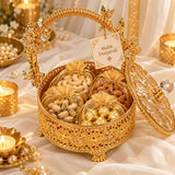 Set of 10 , Gold Plated Metal Basket with Crystal Floral Ornaments for Gifting-VI001GGB