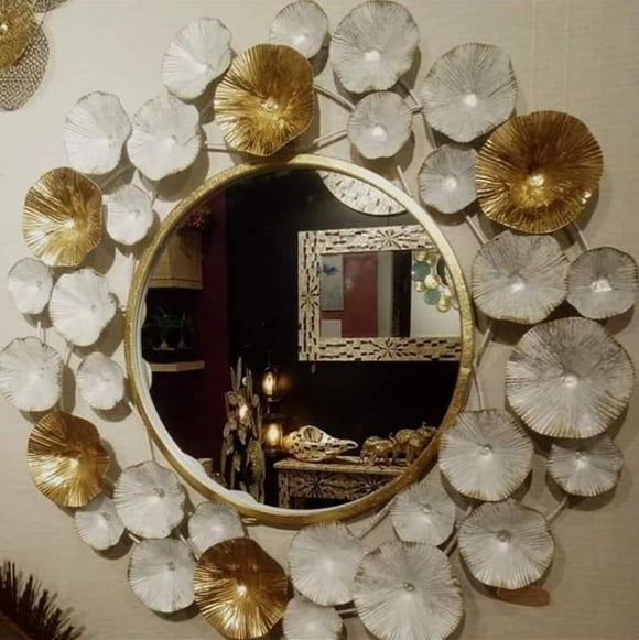 AMRAPALI, GOLD AND WHITE FLORAL WALL DECOR WITH MIRROR-TRENDC001A
