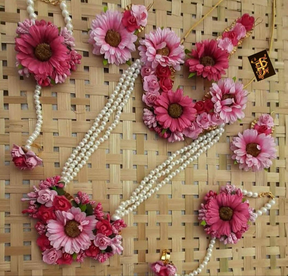 ZOYA PINK FLORA FLOWER BRIDAL JEWELLERY SET FOR WOMEN-ZOFBS001