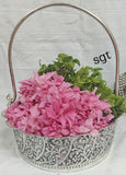 SARANGI, ANTIQUE FINISH GERMAN SILVER FLOWER BASKET WITH HANDLE-SNFB001