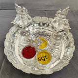 GAYATRI, GERMAN SILVER FLOWER CUT DESIGN PLATE WITH PANCHWALA AND DEEPAM-SNSS001